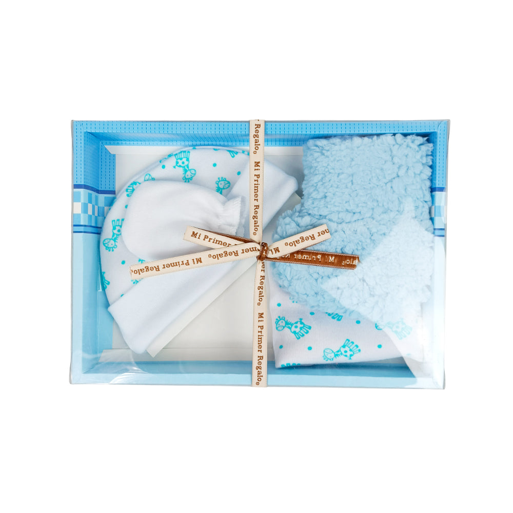 SET DE REGALO; BABERO, GORRO, PAR DE MANOPLAS Y ZAPATOS AZUL E-230203