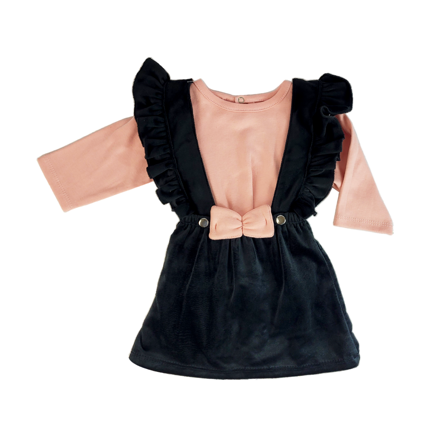 CONJUNTO BEBA 2 PZAS; VESTIDO DE TIRANTES CON MOÑO Y BLUSA M/L E-231654 T-12 MESES