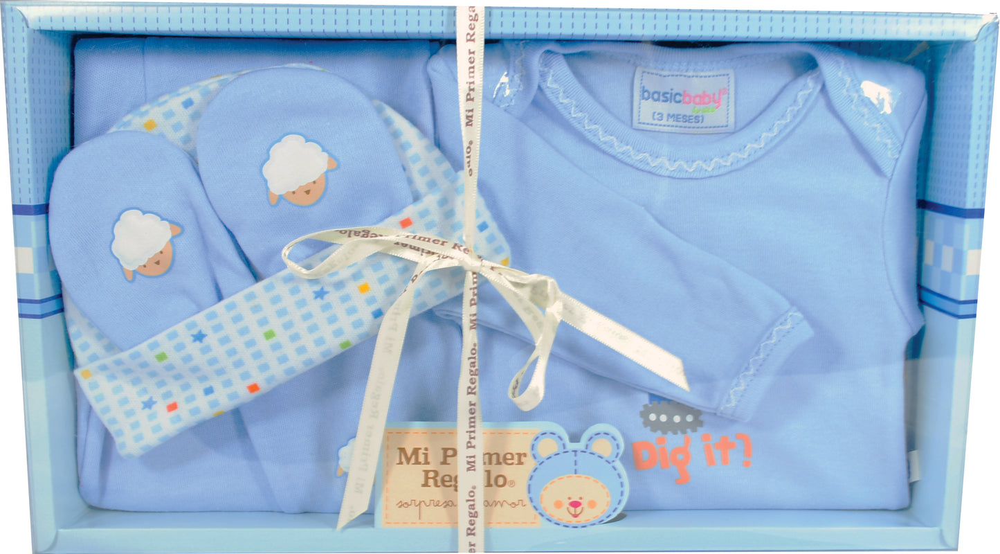 Caja con Pañalero Manga Larga, Pantalón con Puño, Gorrito y Manoplas