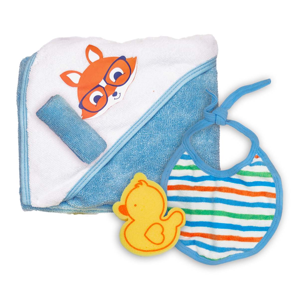 SET DE BAÑO; TOALLA, FACIAL,BABERO Y ESPONJA EN BOLSA TULL. AZUL E-220094 NO APLICA DESC