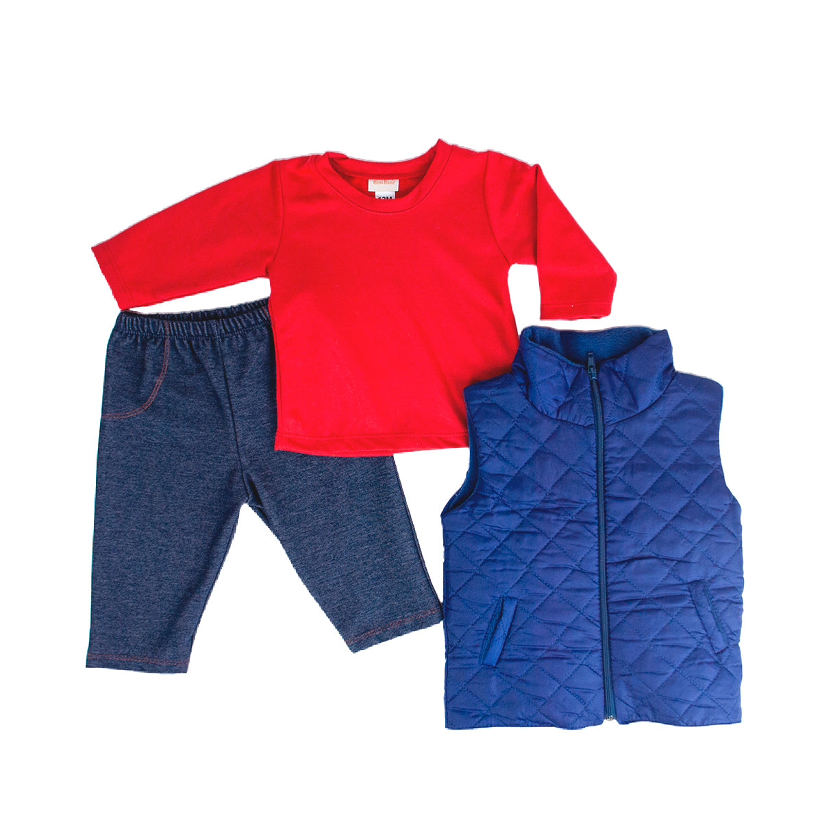 CONJUNTO BEBO DE 3 PIEZAS CHALECO CAPITONADO,PLAYERA Y PANTALON BINI BEAR E-241628 T-3,6,12 MESES
