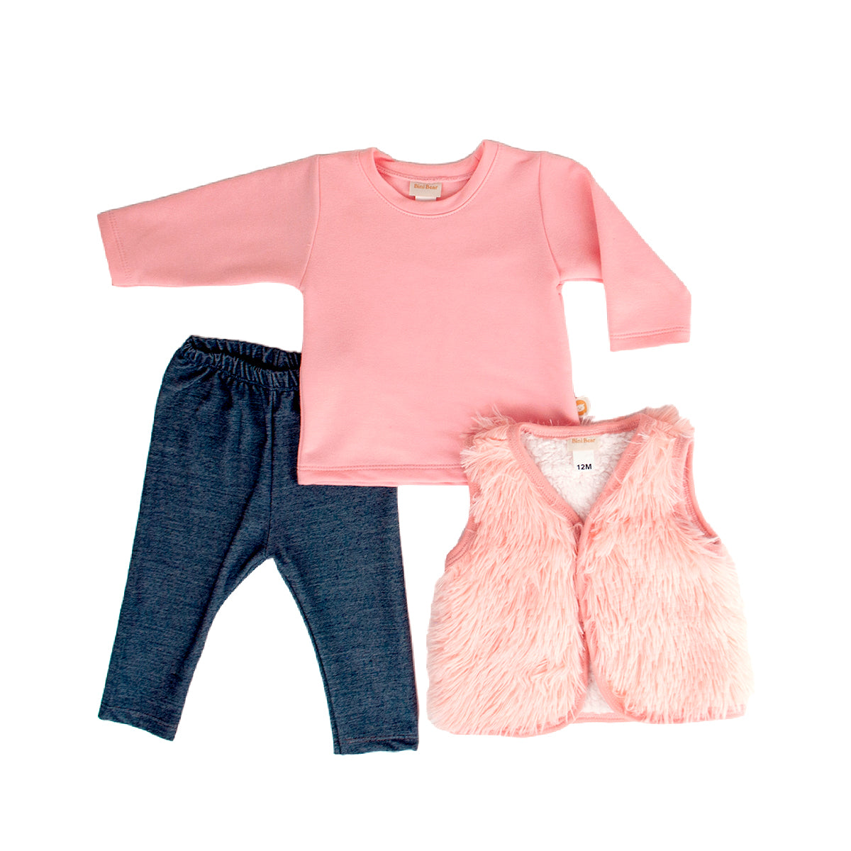 SET BEBA DE TRES PIEZAS, CHALECO, BLUSA Y PANTALN. BINI BEAR E-241635 T-3,6,12 MESES