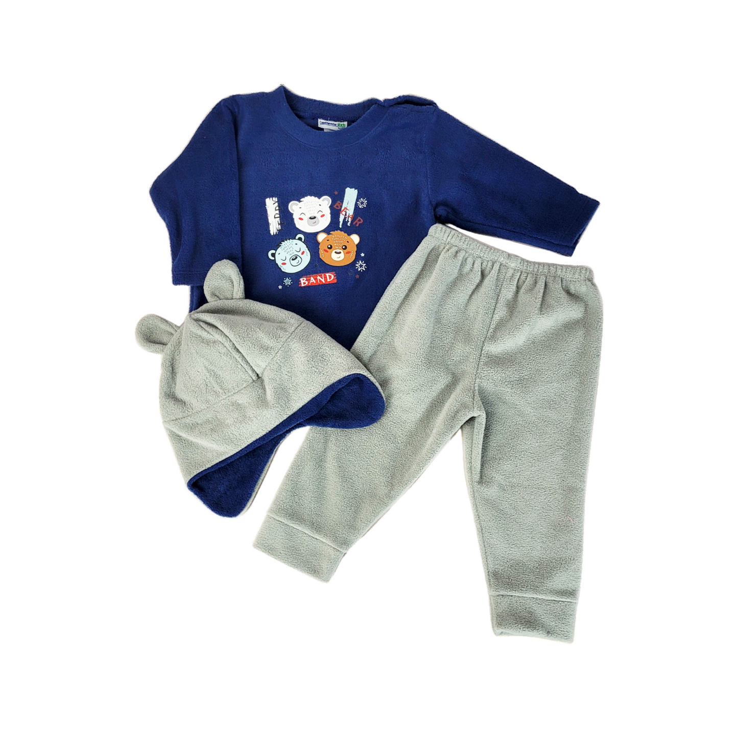 CONJUNTO BEBO 3 PZAS; PLAYERA M/L, PANTALON C/TIRANTES Y GORRO  E-231568  T-6 MESES