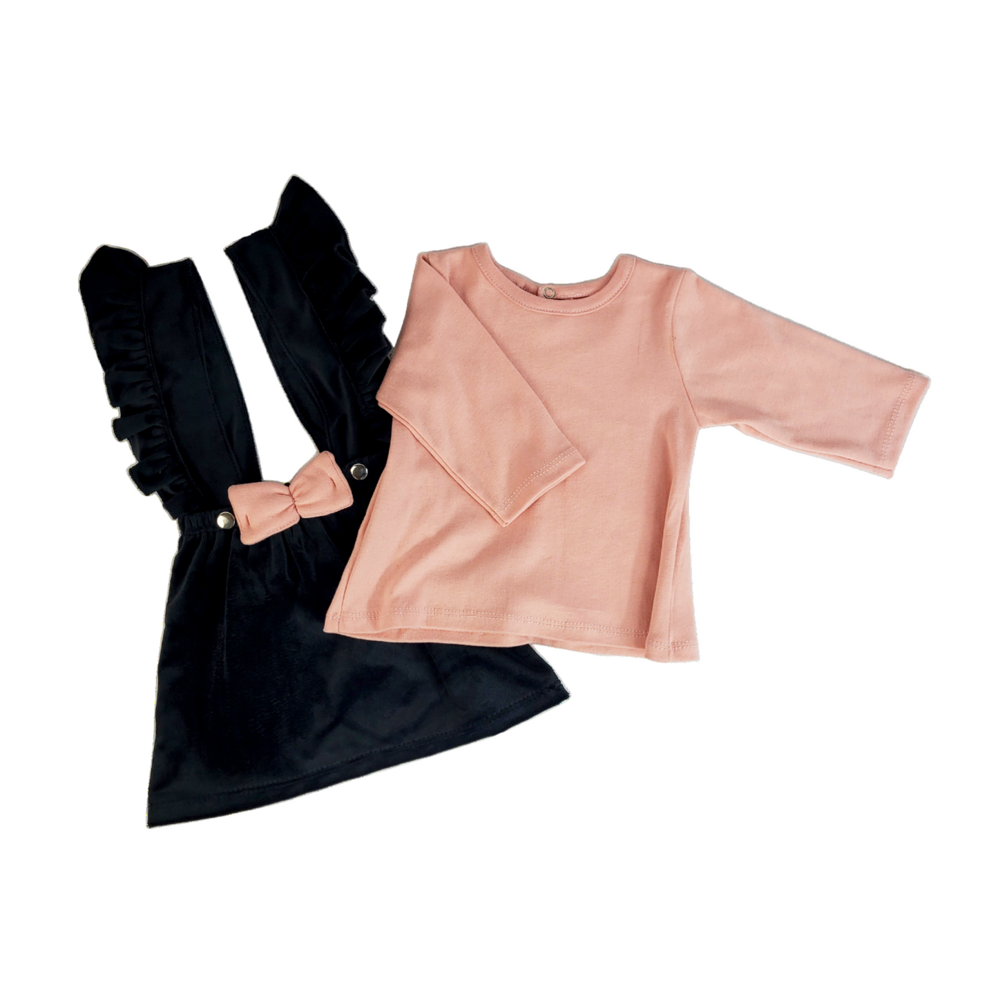 CONJUNTO BEBA 2 PZAS; VESTIDO DE TIRANTES CON MOÑO Y BLUSA M/L  E-231654  T-12 MESES
