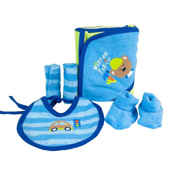 SET DE REGALO; 1 TOALLA RAYAS, 1 BABERO, 1 PAR DE ZAPATOS Y 2 TOALLA FACIAL.  AZUL E-70509