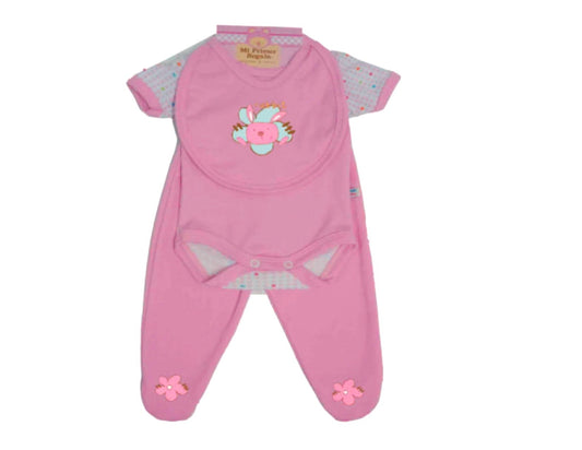 CONJ.PAÑALERO SOL.M/C TELA ESTAM.C/PANT.PIE LISO Y BABEROE-91125 T-0-9M